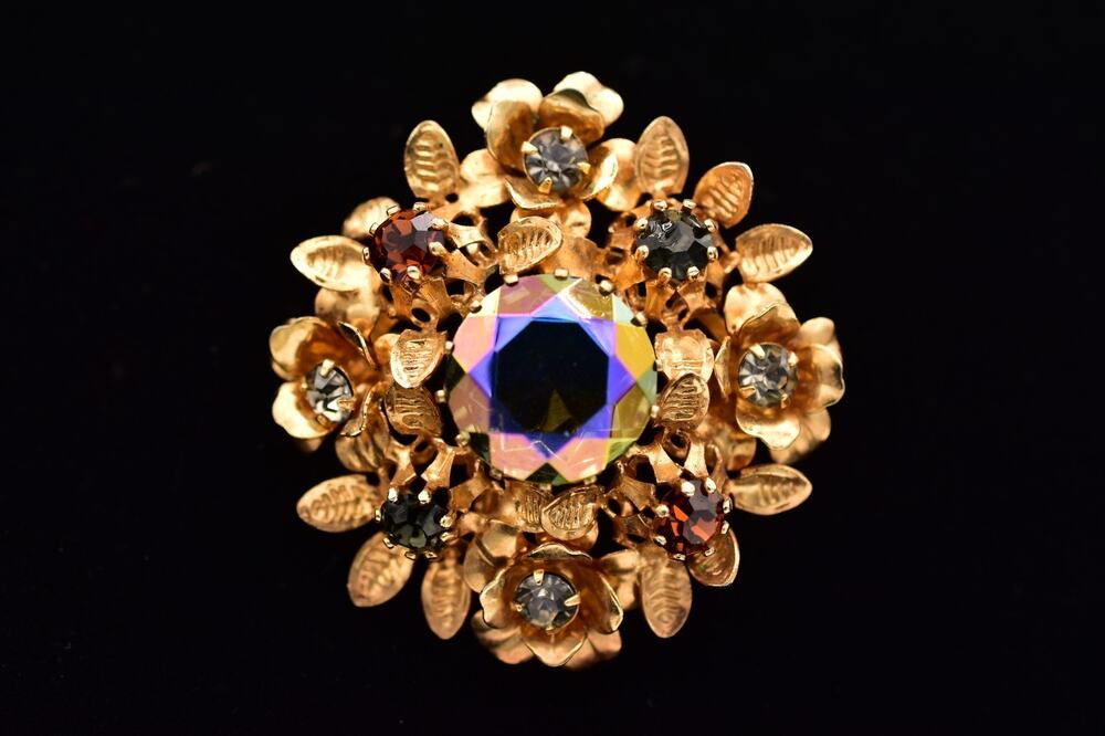 Vintage Austrian Crystal Pin Brooch Flower Gold Tone Aurora Borealis 1960s BinBI